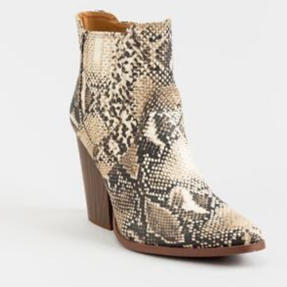 Qupid Slay Almond Toe Booties in faux Snake Skin